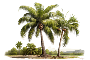 Two palm trees are standing next to each other in a lush green field. The trees are tall and have a lot of leaves, giving the impression of a tropical paradise. The scene is peaceful and serene png