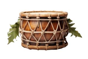 A wooden drum with a rope around it. The drum is brown and has a natural look. The drum is surrounded by leaves, which gives it a natural and earthy feel png