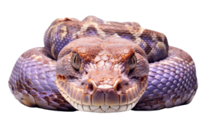 A purple snake is laying on its back with its head up. The snake has a menacing look on its face png