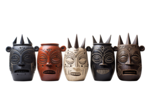 Five different faces made of clay or ceramic. They are arranged in a row, with the smallest one on the left and the largest one on the right png
