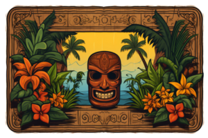 A tropical scene with a skull in the foreground. The skull is smiling and surrounded by flowers and palm trees png