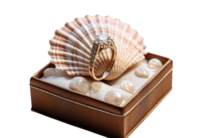 A gold ring is placed on top of a shell. The shell is in a box and the ring is the main focus of the image png
