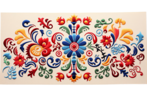 A colorful embroidered design with flowers and leaves. The design is very intricate and colorful, with a variety of different colors and patterns. Scene is cheerful and lively, with the bright colors png