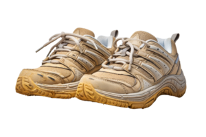 Two old shoes with white laces and a tan sole. The shoes are worn and dirty png