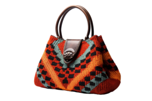 A colorful purse with a brown strap. The purse is made of a woven material and has a unique design png