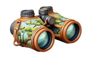 A pair of binoculars with a tree painting on the side. The binoculars are brown and have a bird on the side png