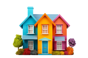 A colorful house with a blue door and windows. The house is painted in different colors, including blue, yellow, and red. The house is surrounded by a garden with trees and bushes png