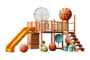 A playground with a slide and a basketball hoop. The basketballs are scattered around the playground, and there are also some other toys. The playground has a playful and fun atmosphere png
