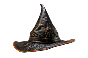 A black hat with a pointed top and orange trim. The hat has a star on the front and is worn by a witch png