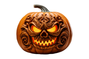 A pumpkin with a scary face carved into it. The pumpkin is orange and has a light on it png