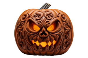 A carved pumpkin with a scary face and a light inside. The pumpkin is brown and has a scary look on its face png