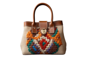 A colorful purse with a brown strap. The purse is made of woven material and has a unique design png