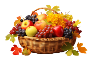 A basket of fruit with apples, grapes, and oranges png