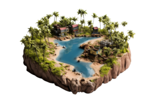 A small island with a beach and a river. The island is surrounded by palm trees and has a small village. The water is blue and the island is rocky png