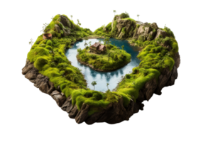 A small island with a river and a house in the middle. The island is surrounded by rocks and has a lot of greenery png