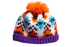 A colorful knitted hat with a purple pom pom on top. The hat is made of wool and has a pattern of squares and diamonds png