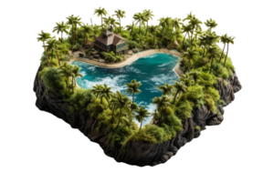 uma pequeno ilha com uma casa e uma piscina. a ilha é cercado de água e árvores png
