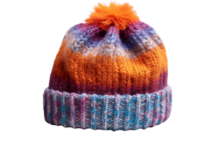 A colorful knit hat with a pom pom on top. The hat is made of wool and has a striped pattern png