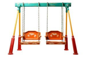 A rusty old swing set with two orange seats. The swing set is old and worn, but it still has a nostalgic charm png