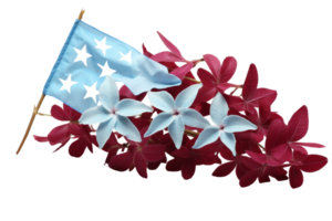 A flag with five stars and a blue stripe is next to a bunch of red flowers. The flag and flowers are arranged in a way that creates a sense of patriotism and pride png