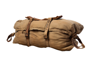 A tan and brown bag with straps and buckles. It is old and worn. The straps are leather and the bag is made of canvas png