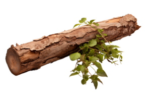 A large log with a small green leaf on top of it. The log is brown and has a rough texture. The image has a natural png