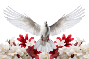 un blanco paloma es encaramado en un flor cama con rojo flores concepto de paz y tranquilidad, como el paloma es un símbolo de esperanza y libertad. el rojo flores añadir un popular de color png