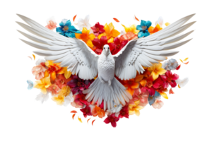 A white dove with colorful flowers surrounding it. Concept of peace and freedom, as the dove is often associated with these qualities. The vibrant colors of the flowers add a touch of beauty png