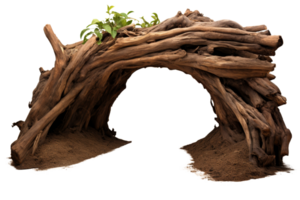 A large log with a plant growing out of it. The log is curved and has a tunnel-like shape png