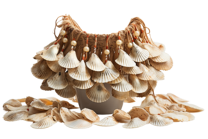A white vase with shells on it. The shells are arranged in a way that they look like a necklace png