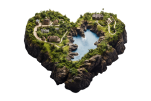 A heart made of rocks and grass with a lake in the middle. The heart is surrounded by houses and a road png