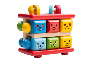 A wooden toy with a smiling face on it. The toy is made of wood and has a red color png