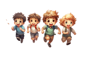 Four children are running in a cartoon. They are smiling and seem to be having fun. The cartoon is colorful and lively, with a sense of playfulness and joy png
