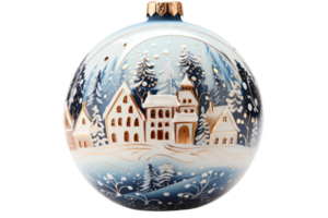 A blue and white ornament with a snowy scene of houses and trees. The ornament is round and has a gold trim png
