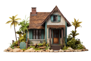 A small house with a porch and a palm tree in the background. The house is surrounded by rocks and plants png