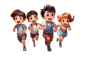 Four children are running in a cartoon. They are smiling and seem to be having fun. The cartoon is colorful and lively, and it conveys a sense of joy and playfulness png