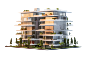 A tall building with a lot of windows and a balcony. The building is surrounded by trees and plants png