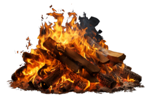 A pile of burning wood with flames shooting out of it. The fire is hot and bright, and the wood is charred and blackened. The scene is intense and dramatic, with the flames creating a sense of danger png