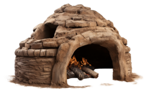 A small hut made of dirt and wood with a fire burning inside. The hut is small and has a rustic feel to it png