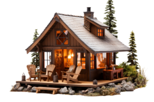 A small cabin with a porch and a fireplace. The cabin is surrounded by trees and has a cozy, rustic feel png