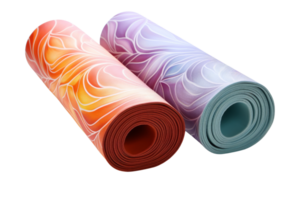 Two yoga mats with different colors and patterns. One is orange and the other is blue. They are rolled up and placed next to each other png
