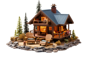 A small model of a log cabin with a porch and a deck. The cabin is surrounded by trees and has a cozy, rustic feel png