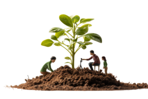 A man, a woman and a child are planting a tree. The man is holding a camera, and the woman and child are sitting on a bench. Scene is one of family bonding and environmental awareness png
