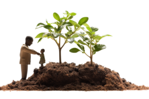 A man and a child are tending to a small tree in a dirt patch. The man is holding the child's hand and the child is looking up at the tree. Concept of nurturing and care png
