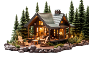 A small cabin with a porch and a deck. The cabin is surrounded by trees and has a cozy, rustic feel png