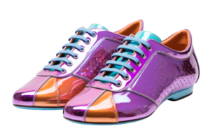 Two shoes with a purple and blue strap. The shoes are shiny and colorful png