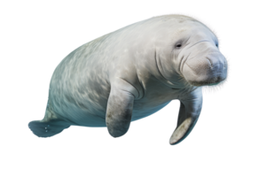 A large white manatee is swimming in the ocean. The manatee is the largest of the sea cows, and it is a gentle and peaceful creature. Concept of calm and serenity png