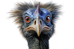 A bird with a blue beak and red eyes. The bird has a funny expression on its face png