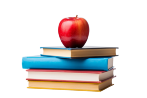 A stack of books with a red apple on top. The apple is positioned in the middle of the stack, with the books on either side. Concept of education and learning, as the apple png