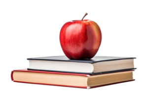 A red apple sits on top of two books. The apple is the center of attention and the books are stacked on top of each other. Concept of balance and harmony, as the apple png